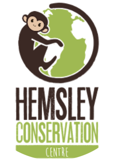 Logo for Hemsley Conservation Centre. A monkey cradles a picture of the Earth. 